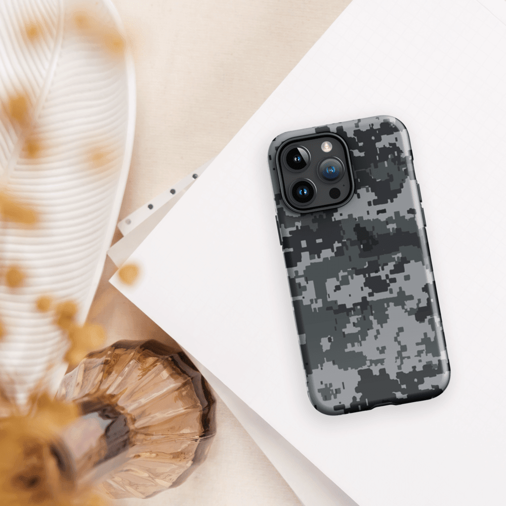 Gray digital camo phone case with triple camera array and dark protective rim