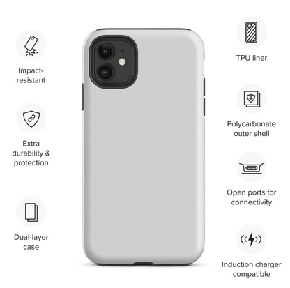 Light gray dual-layer phone case with camera cutout and raised edge protection