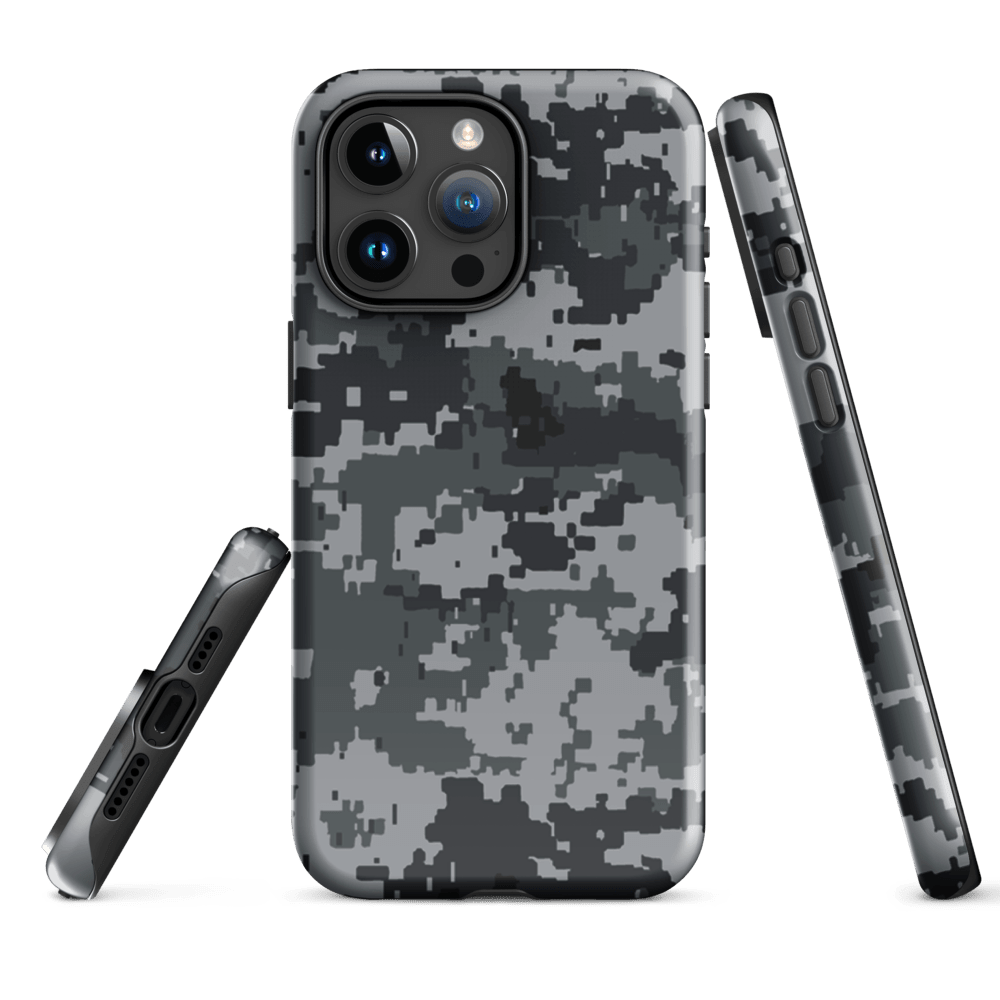 Gray digital camo iPhone case with raised camera guards, accessible side buttons