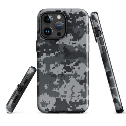 Gray digital camo iPhone case with raised camera guards, accessible side buttons