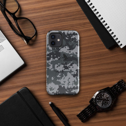 Gray digital camo tough phone case with textured pixel pattern and camera openings