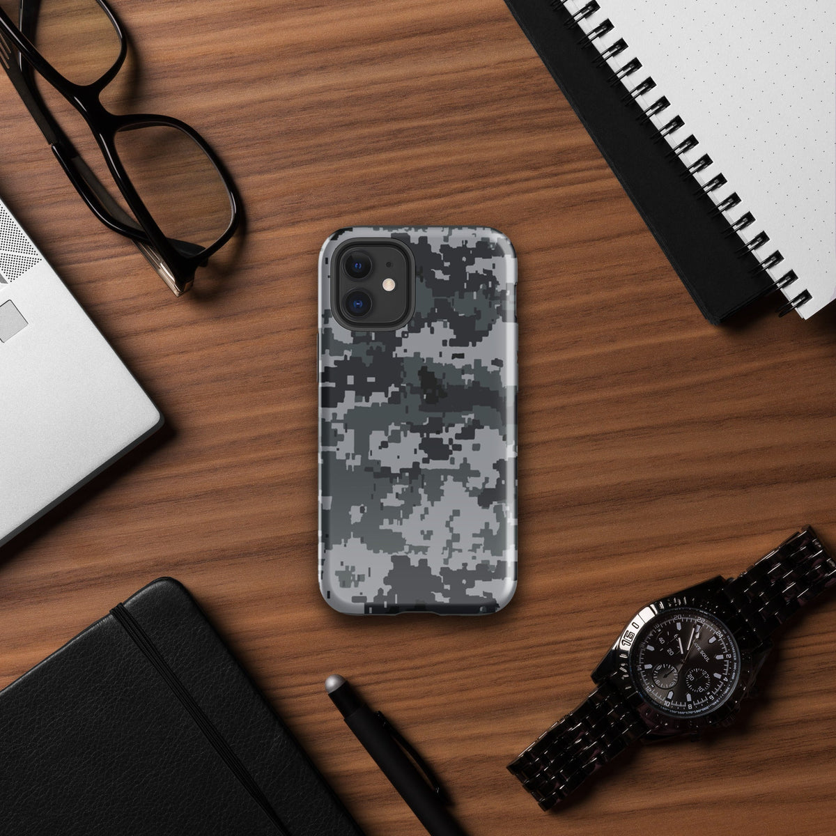 Gray digital camo tough phone case with raised camera cutouts