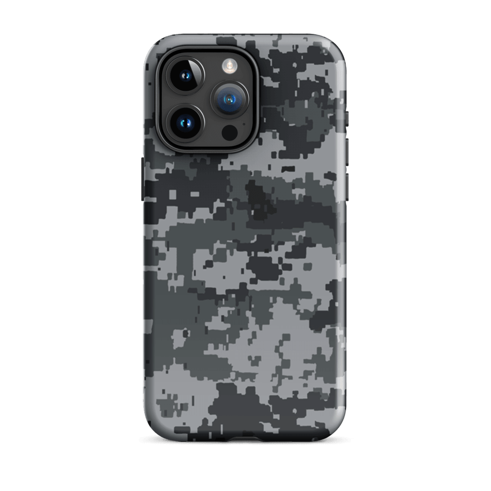 Gray digital camo phone case with triple camera array and lens cutouts