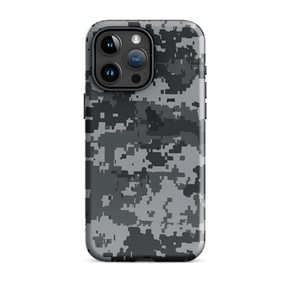 Gray digital camo phone case with triple camera array and lens cutouts