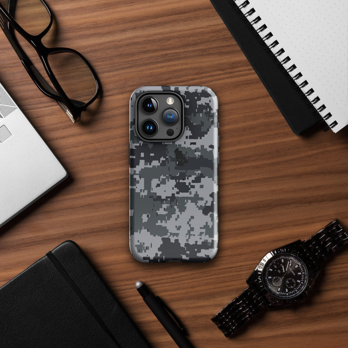 Gray digital camo Tough iPhone® case with textured camouflage pattern and lens cutouts