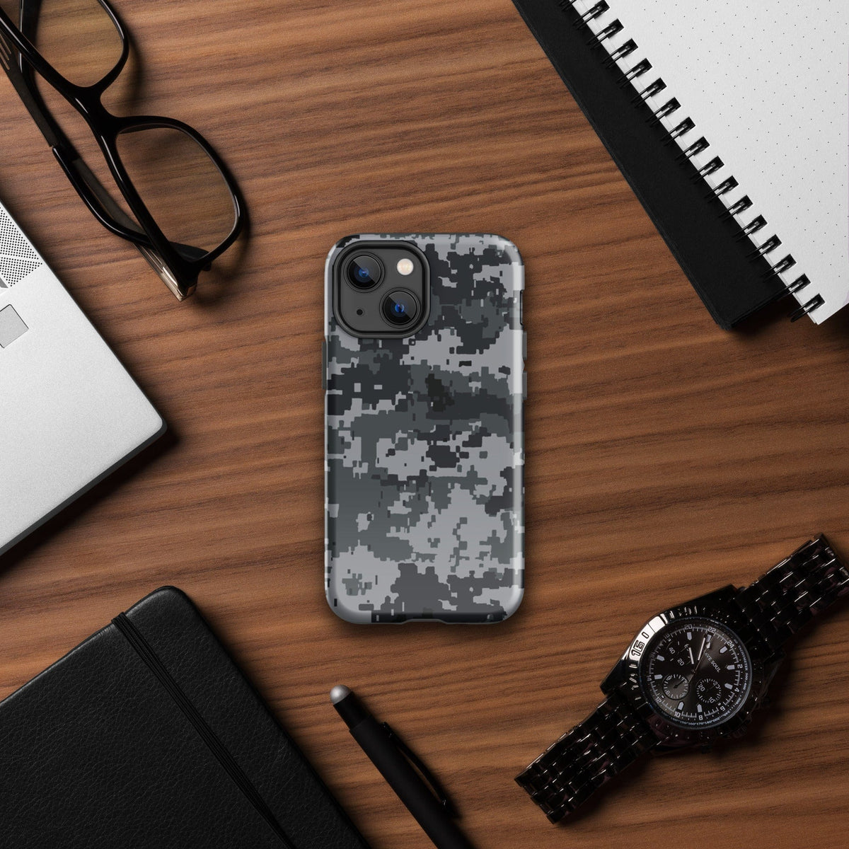 Gray digital camo tough phone case with rear camera cutouts and side grip