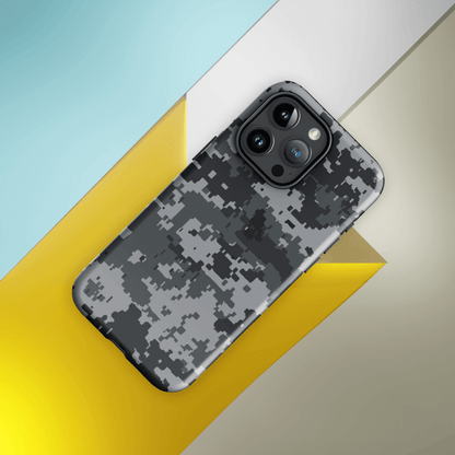 Gray digital camo phone case with triple camera cutout and black bumper