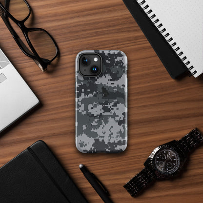 Gray digital camo Tough iPhone® case with sturdy edges and detailed camera module