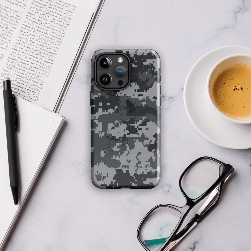 Gray digital camo phone case with triple camera array and slim protective shell