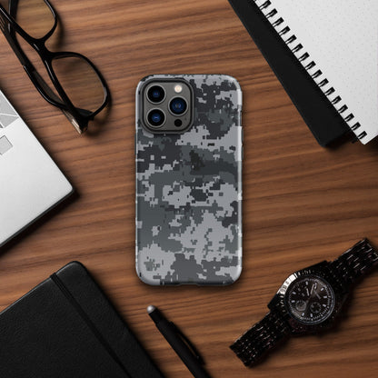 Gray digital camo tough phone case with multi-lens camera layout cutouts