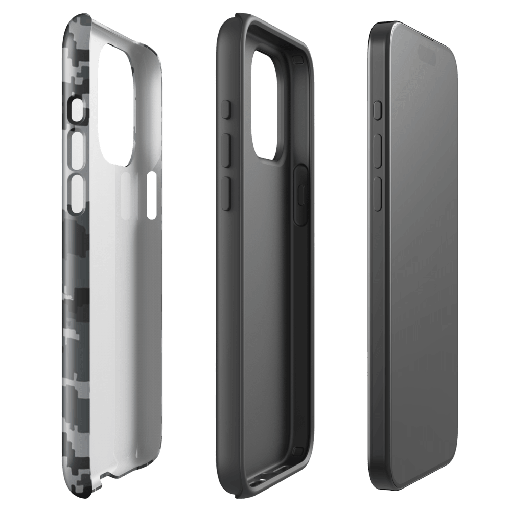 Gray digital camo phone case with side button cutouts and protected edges