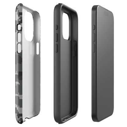 Gray digital camo phone case with side button cutouts and protected edges