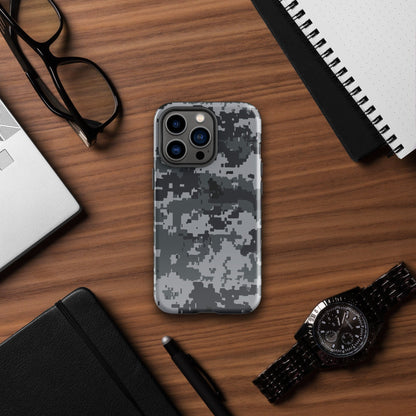 Gray digital camo protective phone case with raised camera module and pixel pattern