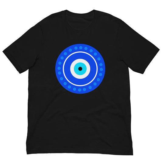 Black evil eye T-shirt with blue circular eye graphic on front