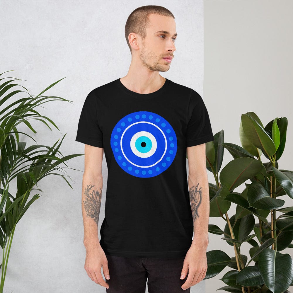Black evil eye T-shirt with blue circular eye emblem on chest