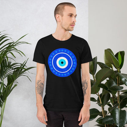 Black evil eye T-shirt with blue circular eye emblem on chest