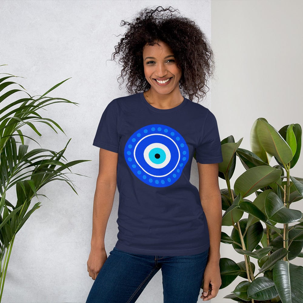 Navy evil eye T-shirt with blue circular eye emblem on chest