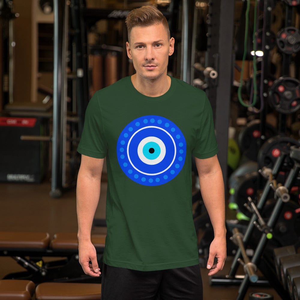 Green evil eye T-shirt with blue circular eye graphic on front