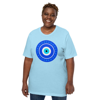 Light blue evil eye T-shirt with blue circular eye graphic on front