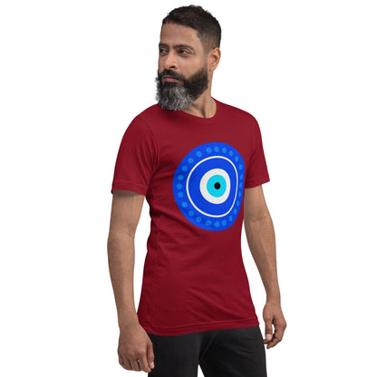 Burgundy evil eye T-shirt with blue circular eye graphic on front
