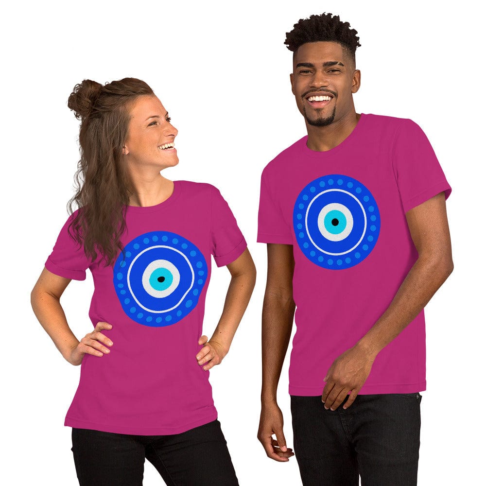 Pink evil eye T-shirt with blue circular eye graphic on front