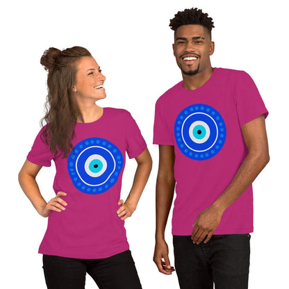 Pink evil eye T-shirt with blue circular eye graphic on front