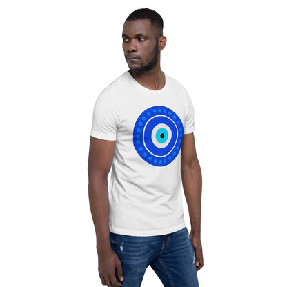 White evil eye T-shirt with blue circular eye graphic on chest
