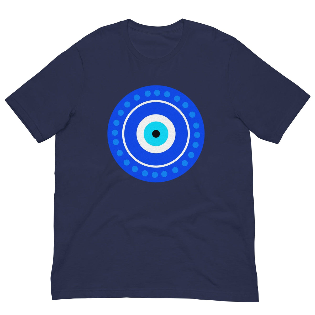 True royal evil eye T-shirt with blue circular eye graphic on front