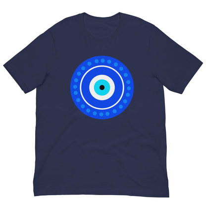 True royal evil eye T-shirt with blue circular eye graphic on front