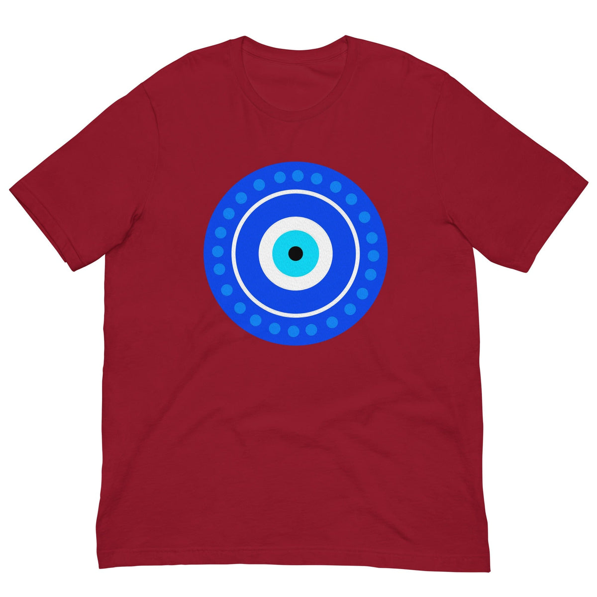 Red T-shirt with centered blue evil eye amulet graphic