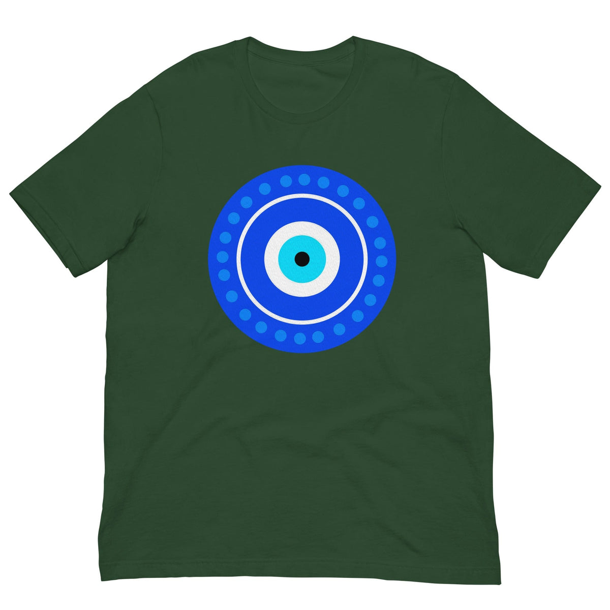 Green T-shirt with centered blue evil eye amulet graphic