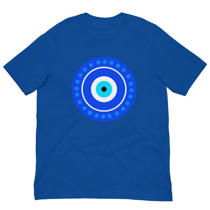Royal blue T-shirt with centered blue evil eye amulet graphic