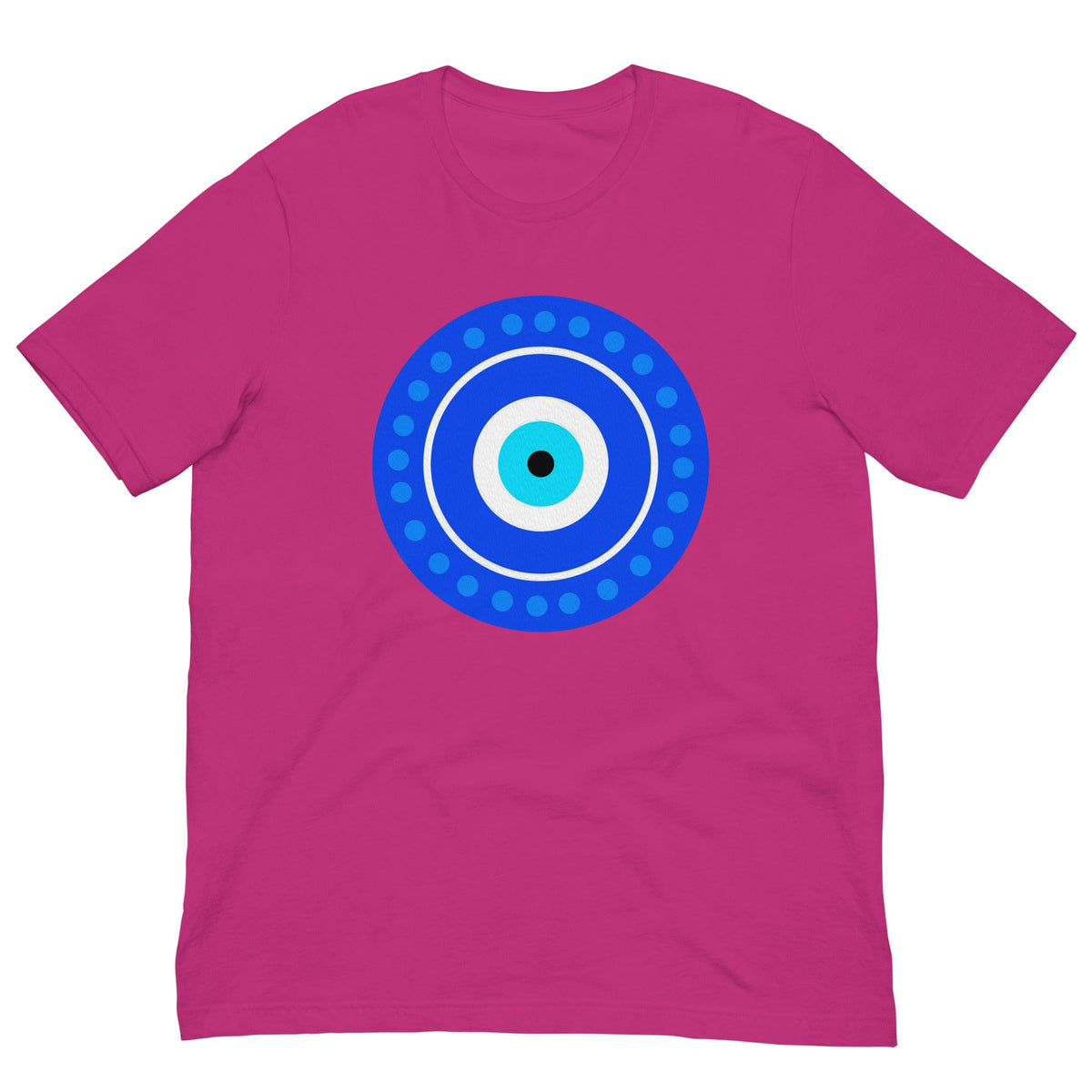 Pink T-shirt with centered blue evil eye amulet graphic
