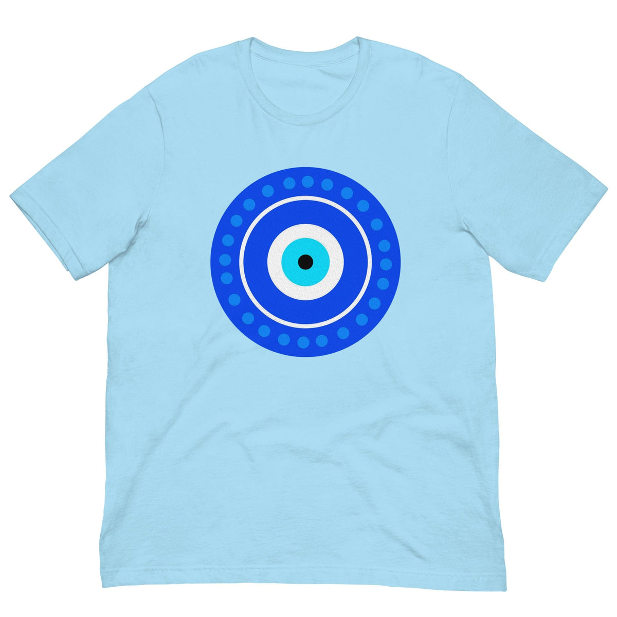 Light blue T-shirt with centered blue evil eye amulet graphic