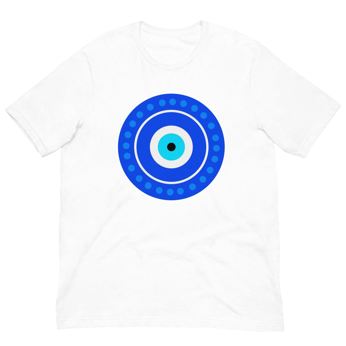 White T-shirt with centered blue evil eye amulet graphic