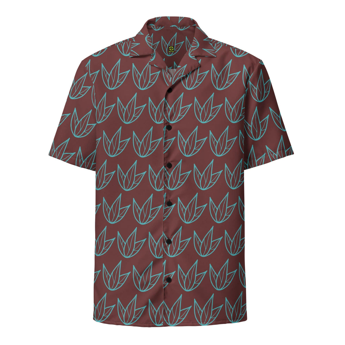 Unisex short-sleeve button shirt in dark maroon with teal leaf pattern.