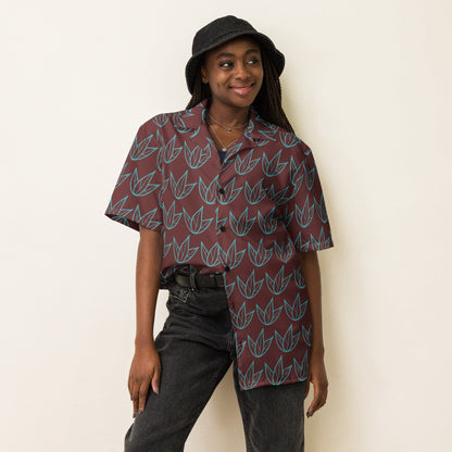 Unisex short-sleeve button-up shirt in dark maroon with teal leaf motif.