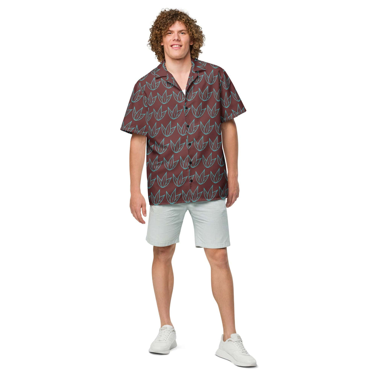 Unisex button-up short-sleeve shirt, dark maroon with repeating teal leaf print.