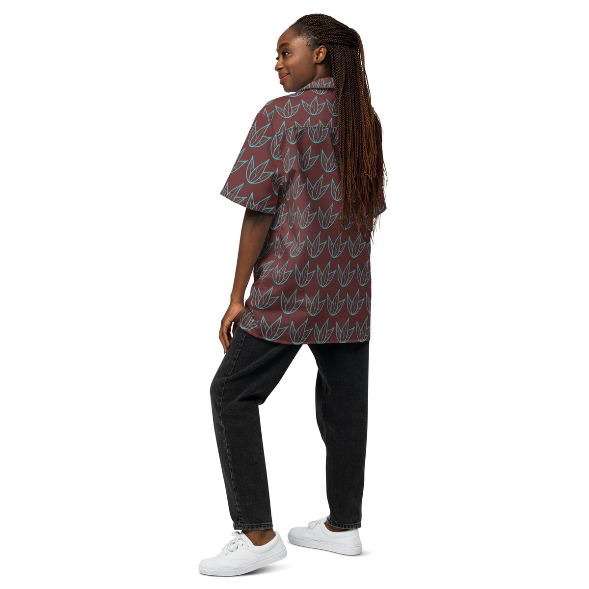 Unisex short-sleeve button shirt with teal leaf pattern on dark maroon base.
