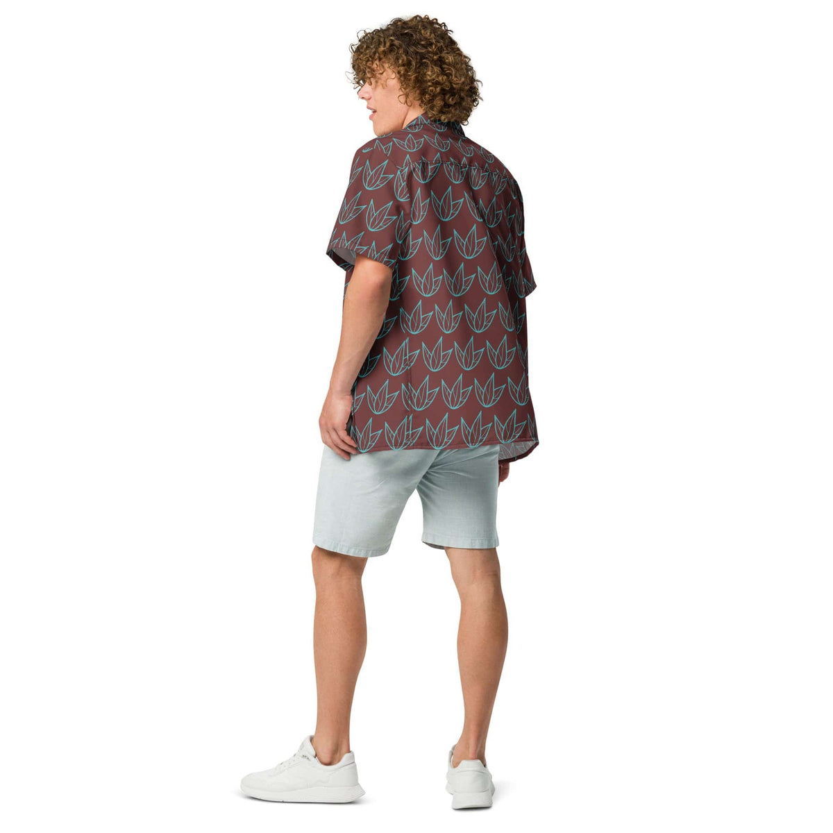 Unisex short-sleeve button-up shirt, dark maroon with teal leaf print; back view.
