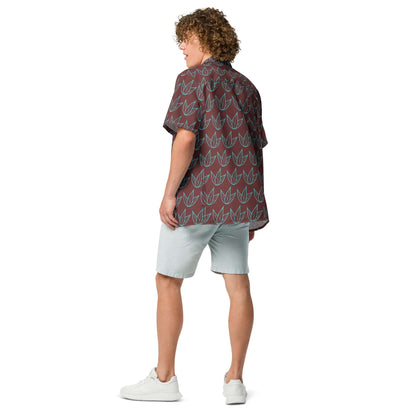 Unisex short-sleeve button-up shirt, dark maroon with teal leaf print; back view.