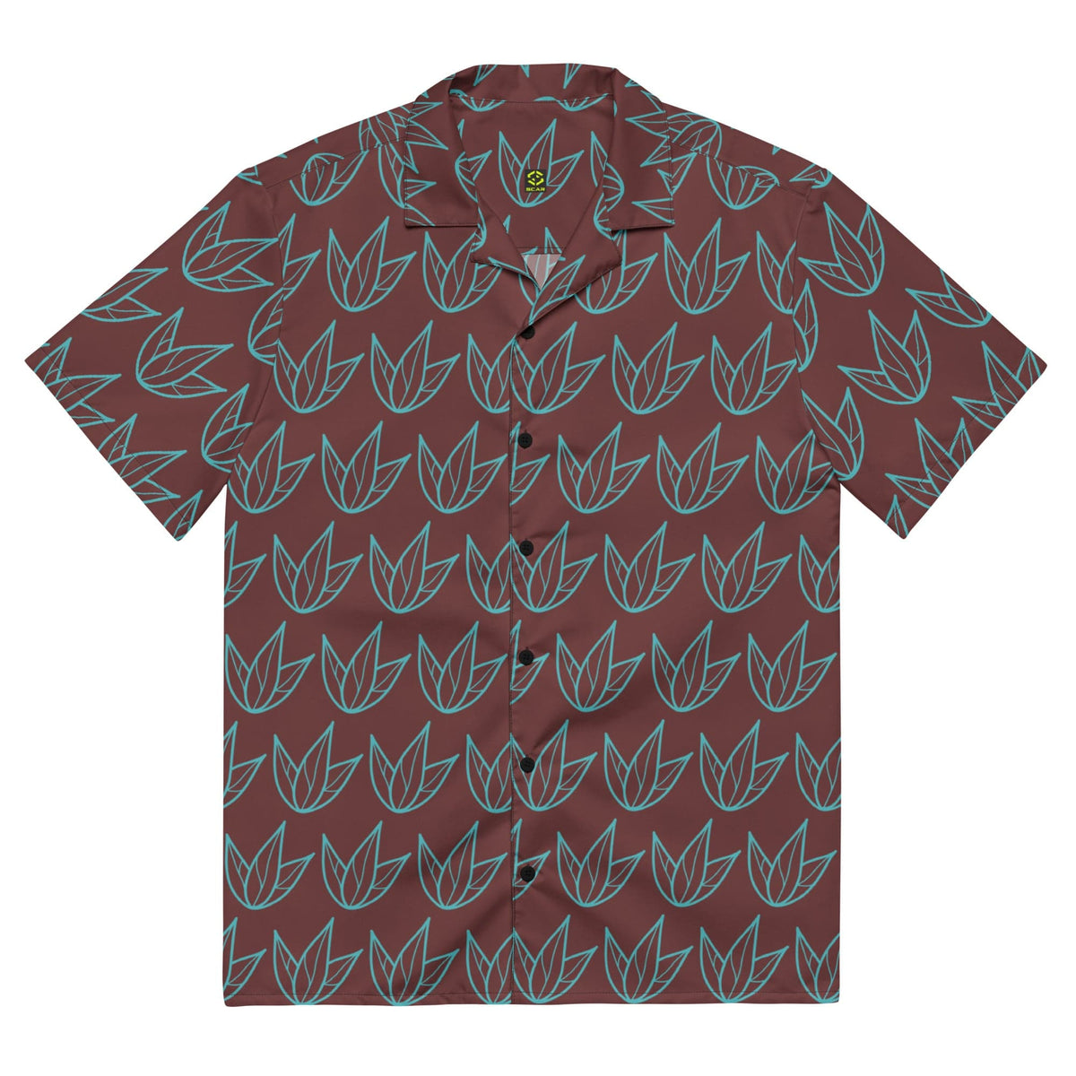 Unisex dark maroon short-sleeve button shirt with teal leaf pattern; back view.