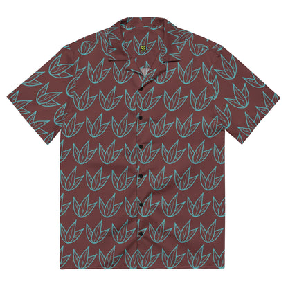 Unisex dark maroon short-sleeve button shirt with teal leaf pattern; back view.