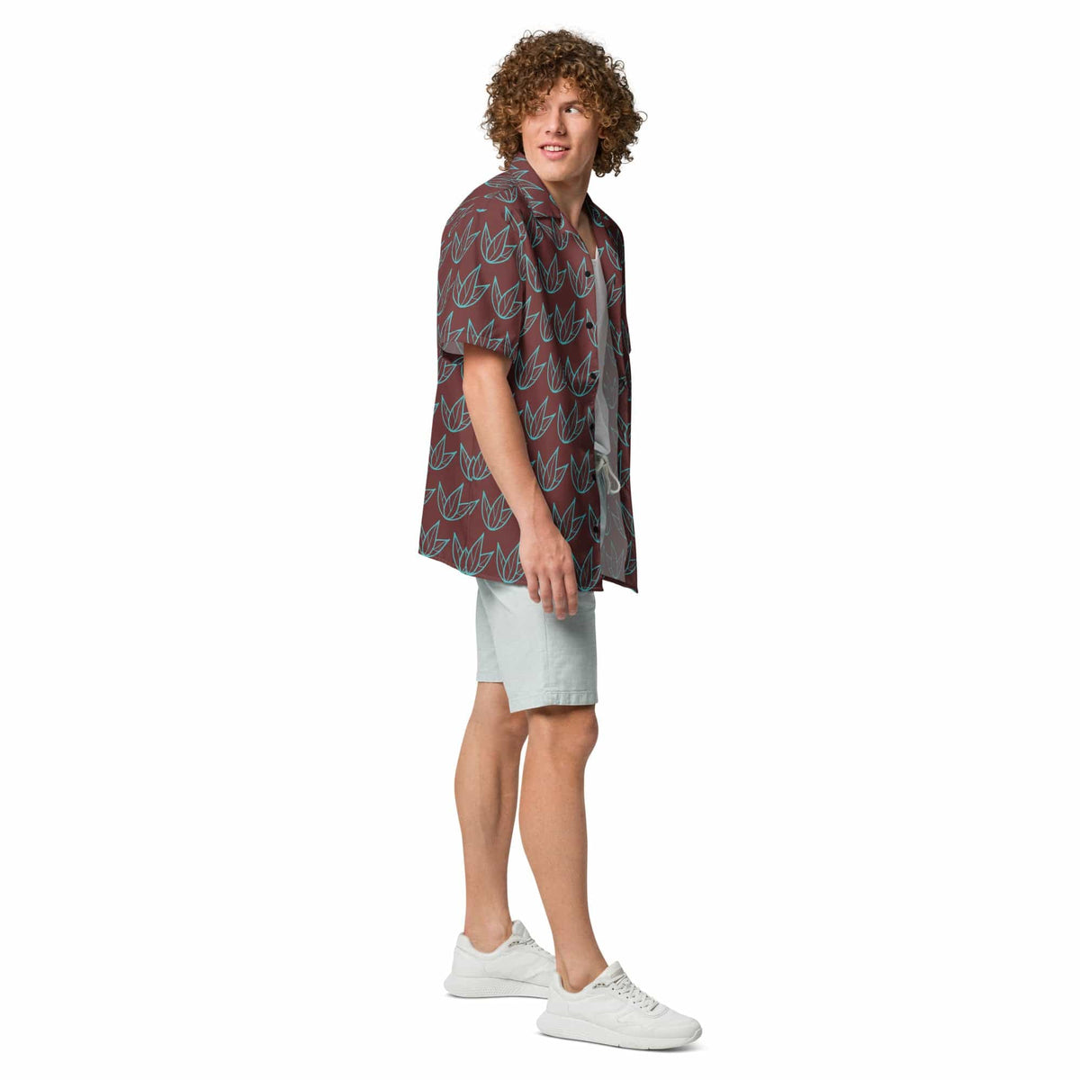 Unisex button-up shirt with short sleeves, maroon and teal leaf pattern