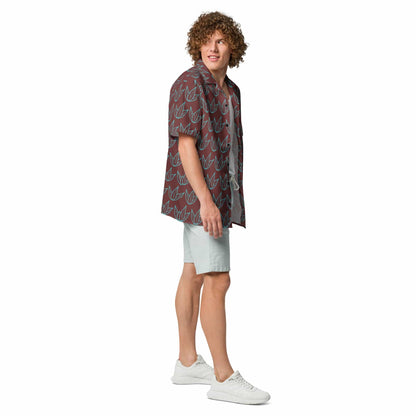 Unisex button-up shirt with short sleeves, maroon and teal leaf pattern