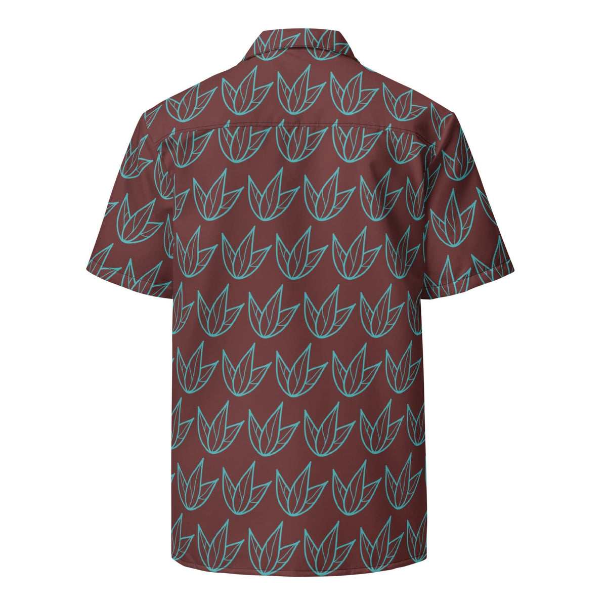 Unisex button-up shirt, back view, short sleeves and maroon teal leaf pattern
