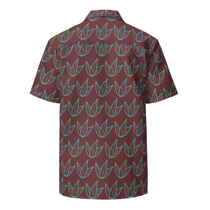 Unisex button-up shirt, back view, short sleeves and maroon teal leaf pattern