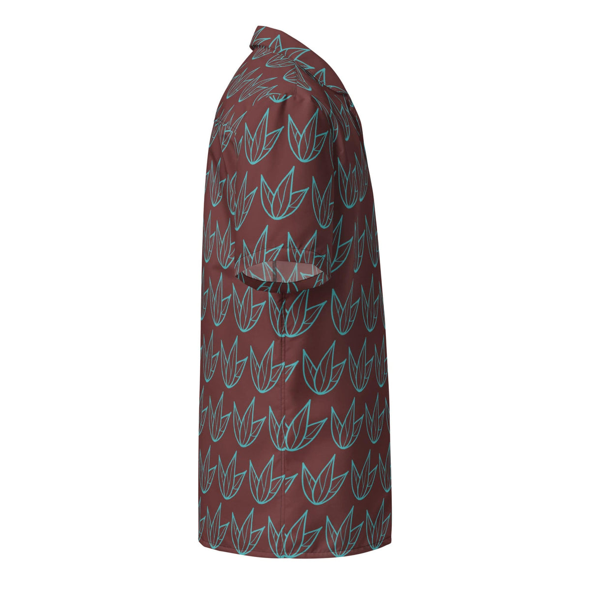 Unisex button-up shirt, side view, maroon with teal leaf print and short sleeves
