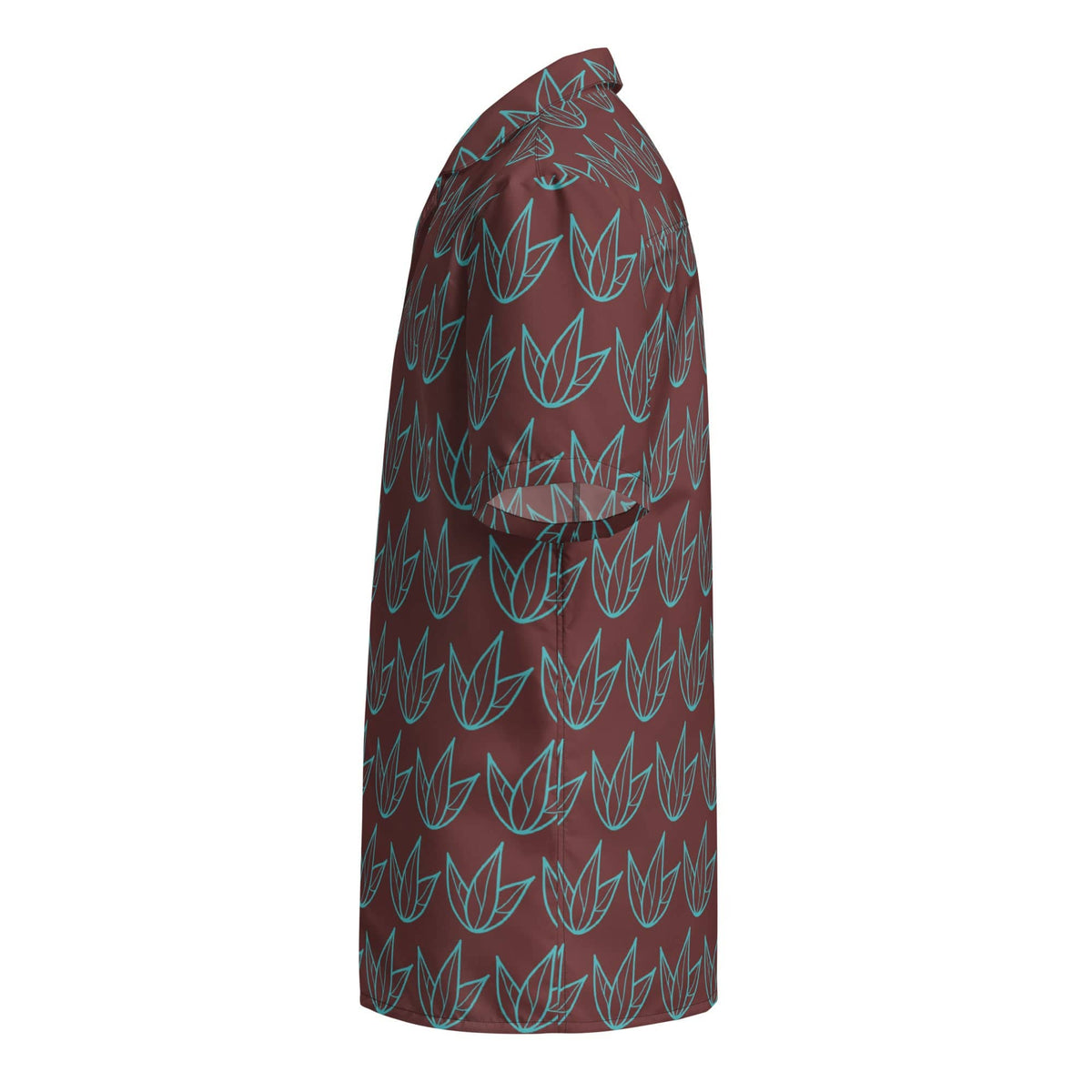Unisex button-up shirt, angled side view, maroon and teal leaf pattern, short sleeves