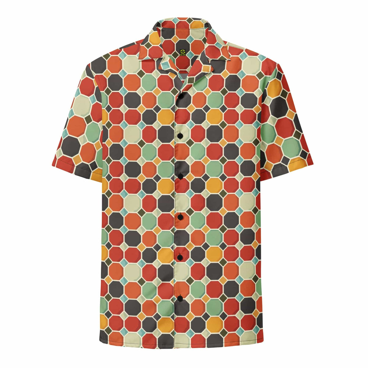 Groovy patterned button shirt with short sleeves and open collar in multicolor hexagons